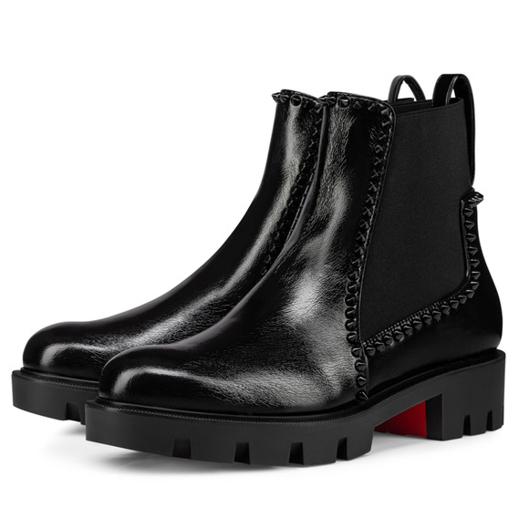 Christian Louboutin Out Lina Spike Lug Flat Black Patent Chelsea Ankle Boot 37.5 - Picture 1 of 12